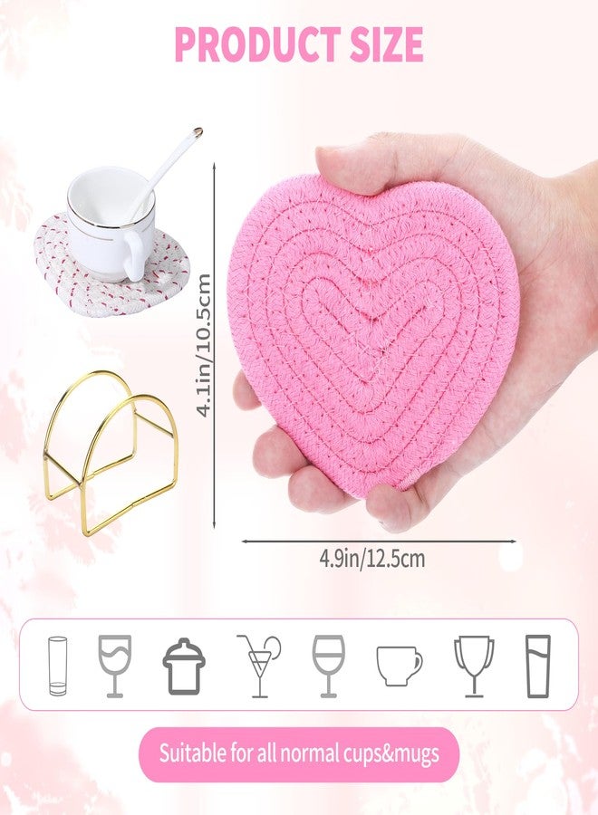 YONHTUTU Pink Heart Coasters Set of 4, Handmade Braided Cotton Cute Coasters with Holder, Valentines Drink Accessories for Home Restaurant Tea Coffee Bar Decoration Stocking Stuffers - Image 3